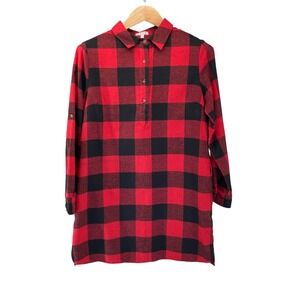 TCEC Womens M Buffalo Plaid Flannel Shirt Dress Red Black Roll Tab Sleeve CD8218